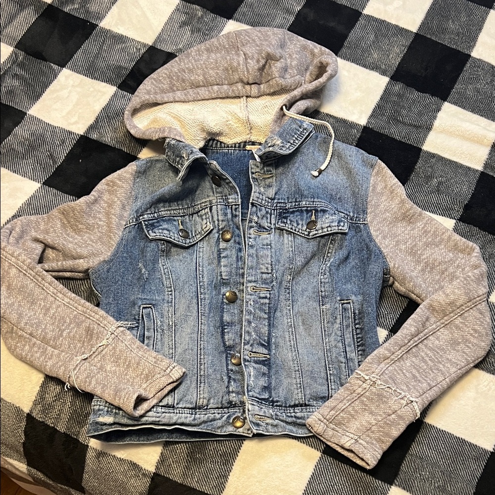 Free People Distressed Denim Jacket with Gray Sweatshirt Sleeves and Hood size S